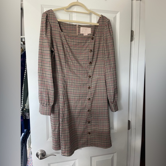 Gal meets glam Brooke dress brown plaid button square neck - Picture 4 of 9